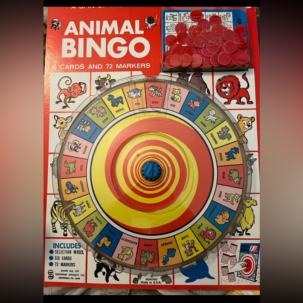 Vintage 1972 Animal Bingo Game with Spinner; by Smethport. Like New Condition!